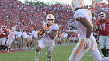 Oct 1, 2016; Athens, GA, USA; Tennessee Volunteers running back Jalen Hurd (1) scores a touchdown against the Georgia Bulldogs during the second half at Sanford Stadium. Tennessee defeated Georgia 34-31. Mandatory Credit: Dale Zanine-USA TODAY Sports