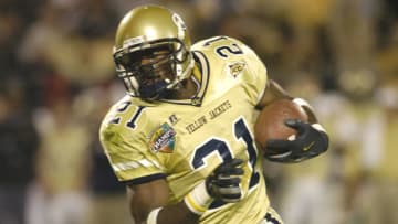 Georgia Tech wide receiver Calvin Johnson rushes upfield against Syracuse in the Champs Sports Bowl at the Florida Citrus Bowl, Orlando, Florida Dec 21, 2004. Georgia Tech defeated Syracuse. (Photo by A. Messerschmidt/Getty Images)