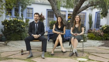 CASUAL -- "Ashes to Ashes" Episode 301 -- In the wake of Charles' death, Alex and Valerie adjust to their new lives apart. Laura schemes to remove her tattoo. From left, Alex (Tommy Dewey), Valerie (Michaela Watkins) and Laura (Tara Lynne Barr), shown. (Photo by: Greg Lewis/Hulu)