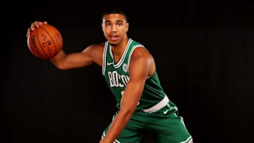 GREENBURGH, NY - AUGUST 11: Jayson Tatum of the Boston Celtics poses for a portrait during the 2017 NBA Rookie Photo Shoot at MSG Training Center on August 11, 2017 in Greenburgh, New York. NOTE TO USER: User expressly acknowledges and agrees that, by downloading and or using this photograph, User is consenting to the terms and conditions of the Getty Images License Agreement. (Photo by Elsa/Getty Images)