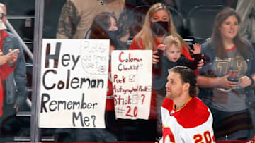 Blake Coleman #20 of the Calgary Flames returns to the Prudential Center with the Calgary Flames and skates in warm-ups prior to playing against the New Jersey Devils on October 26, 2021 in Newark, New Jersey. (Photo by Bruce Bennett/Getty Images)