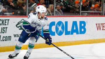 ST. PAUL, MN - NOVEMBER 15: Brendan Leipsic #9 of the Vancouver Canucks skates with the puck during a game with the Minnesota Wild at Xcel Energy Center on November 15, 2018 in St. Paul, Minnesota. The Wild defeated the Canucks 6-2.(Photo by Bruce Kluckhohn/NHLI via Getty Images)