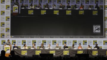 Chris Hardwick, Scott M. Gimple, Angela Kang, Greg Nicotero, Norman Reedus, Melissa McBride, Josh McDermitt, Ross Marquand, Seth Gilliam, Lauren Ridloff, Cailey Fleming, and Michael James Shaw (Photo by Kevin Winter/Getty Images)
