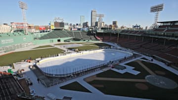 BOSTON - DECEMBER 17: Workers prepare the ice rink in preparation for the Bridgestone NHL Winter Classic at Fenway Park on December 17, 2009 in Boston, Massachusetts. (Photo by Jim Rogash/Getty Images)