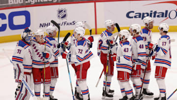 New York Rangers goaltender Keith Kinkaid (71) celebrates with teammates after their game against the Washington Capitals Credit: Geoff Burke-USA TODAY Sports