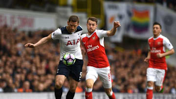 LONDON, ENGLAND - APRIL 30: Aaron Ramsey of Arsenal and Jan Vertonghen of Tottenham Hotspur battle for possession during the Premier League match between Tottenham Hotspur and Arsenal at White Hart Lane on April 30, 2017 in London, England. (Photo by Shaun Botterill/Getty Images)