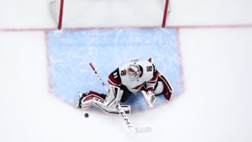 VANCOUVER, BC - JANUARY 16: Arizona Coyotes Goalie Adin Hill (31) makes a save against the Vancouver Canucks during their NHL game at Rogers Arena on January 16, 2020 in Vancouver, British Columbia, Canada.(Photo by Devin Manky/Icon Sportswire via Getty Images)
