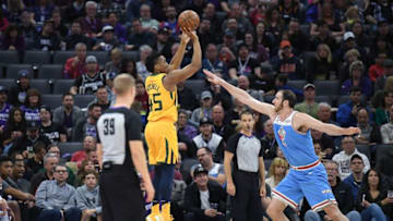 SACRAMENTO, CA - MARCH 03: Donovan Mitchell #45 of the Utah Jazz shoots over Kosta Koufos #41 of the Sacramento Kingss during an NBA basketball game at Golden 1 Center on March 3, 2018 in Sacramento, California. (Photo by Thearon W. Henderson/Getty Images)