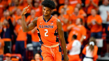 CHAMPAIGN, IL - JANUARY 22: Illinois Fighting Illini forward Kipper Nichols (2) reacts after making a three pointer during the game between the Illinois Fighting Illini and the Michigan State Spartans on January 22, 2018 at the State Farm Center in Champaign, Illinois. (Photo by Quinn Harris/Icon Sportswire via Getty Images)