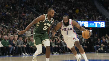 Khris Middleton, James Harden (Photo by Patrick McDermott/Getty Images)