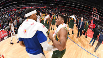 LOS ANGELES, CA - JANUARY 16: Tobias Harris #34 of the LA Clippers and Donovan Mitchell #45 of the Utah Jazz hug after the game on January 16, 2019 at STAPLES Center in Los Angeles, California. Copyright 2019 NBAE (Photo by Andrew D. Bernstein/NBAE via Getty Images)