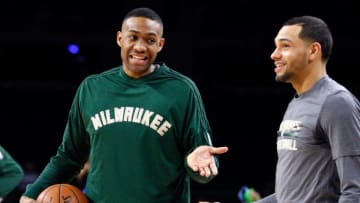 Mar 21, 2016; Auburn Hills, MI, USA; Milwaukee Bucks forward Jabari Parker (left) and Milwaukee Bucks guard Tyler Ennis (right) chat before the game against the Detroit Pistons at The Palace of Auburn Hills. Pistons win 92-91. Mandatory Credit: Raj Mehta-USA TODAY Sports