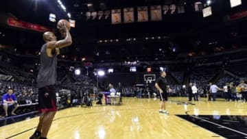 Jun 15, 2014; San Antonio, TX, USA; Miami Heat guard Ray Allen (34) warms up before game five of the 2014 NBA Finals against the San Antonio Spurs at AT&T Center. Mandatory Credit: Bob Donnan-USA TODAY Sports