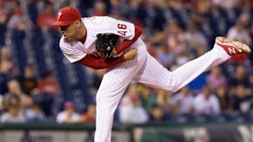 Jul 20, 2016; Philadelphia, PA, USA; Philadelphia Phillies relief pitcher Jeanmar Gomez (46) pitches during the ninth inning against the Miami Marlins at Citizens Bank Park. The Philadelphia Phillies won 4-1. Mandatory Credit: Bill Streicher-USA TODAY Sports