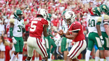 NORMAN, OK - SEPTEMBER 29: Quarterback Kyler Murray #1 and wide receiver Marquise Brown #5 of the Oklahoma Sooners celebrate a touchdown against the Baylor Bears at Gaylord Family Oklahoma Memorial Stadium on September 29, 2018 in Norman, Oklahoma. Oklahoma defeated Baylor 66-33. (Photo by Brett Deering/Getty Images)