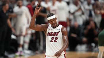 Apr 24, 2023; Miami, Florida, USA; Miami Heat forward Jimmy Butler (22) waves to the crowd after making a shot against the Milwaukee Bucks in the fourth quarter during game four of the 2023 NBA Playoffs at Kaseya Center. Mandatory Credit: Jim Rassol-USA TODAY Sports