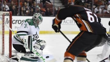 Jan 15, 2016; Anaheim, CA, USA; Dallas Stars goalie Kari Lehtonen (32) blocks a shot during the third period against the Anaheim Ducks at Honda Center. The Anaheim Ducks won 4-2. Mandatory Credit: Kelvin Kuo-USA TODAY Sports