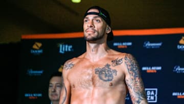 Joe Schilling poses on the scale at the Bellator 229 weigh-ins (Photo by Amy Kaplan/FanSided)