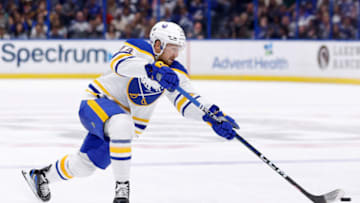 TAMPA, FLORIDA - NOVEMBER 05: Rasmus Asplund #74 of the Buffalo Sabres shoots during a game against the Tampa Bay Lightning at Amalie Arena on November 05, 2022 in Tampa, Florida. (Photo by Mike Ehrmann/Getty Images)