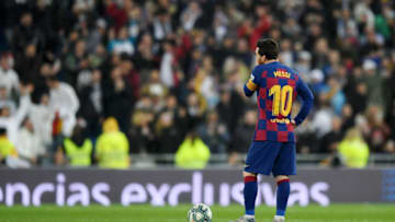 MADRID, SPAIN - MARCH 01: Lionel Messi of FC Barcelona looks dejected after conceding his sides second goal during the Liga match between Real Madrid CF and FC Barcelona at Estadio Santiago Bernabeu on March 01, 2020 in Madrid, Spain. (Photo by David Ramos/Getty Images)