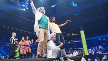 The Best Friends and Orange Cassidy dressed up as characters from Rick and Morty on the Oct. 30, 2019 edition of AEW Dynamite. Photo: Lee South/AEW