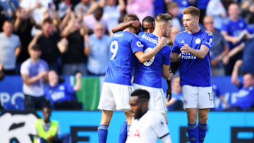LEICESTER, ENGLAND - SEPTEMBER 21: Ricardo Pereira of Leicester City celebrates after scoring his team's first goal with team mates Jamie Vardy, James Maddison and Harvey Barnes during the Premier League match between Leicester City and Tottenham Hotspur at The King Power Stadium on September 21, 2019 in Leicester, United Kingdom. (Photo by Laurence Griffiths/Getty Images)