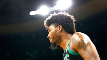 BOSTON, MASSACHUSETTS - MARCH 08: Marcus Smart #36 of the Boston Celtics looks on during the third quarter of the game against the Oklahoma City Thunder at TD Garden on March 08, 2020 in Boston, Massachusetts. NOTE TO USER: User expressly acknowledges and agrees that, by downloading and or using this photograph, User is consenting to the terms and conditions of the Getty Images License Agreement. (Photo by Omar Rawlings/Getty Images)