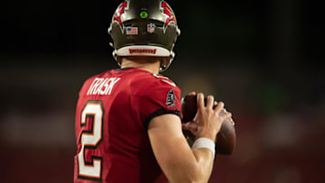 Aug 21, 2021; Tampa, Florida, USA; Tampa Bay Buccaneers quarterback Kyle Trask (2) throws the ball against the Tennessee Titans in the fourth quarter at Raymond James Stadium. Mandatory Credit: Jeremy Reper-USA TODAY Sports