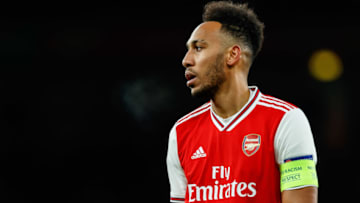 LONDON, ENGLAND - FEBRUARY 27: (BILD ZEITUNG OUT) Pierre-Emerick Aubameyang of Arsenal FC looks on during the UEFA Europa League round of 32 second leg match between Arsenal FC and Olympiacos FC at Emirates Stadium on February 27, 2020 in London, United Kingdom. (Photo by Roland Krivec/DeFodi Images via Getty Images)