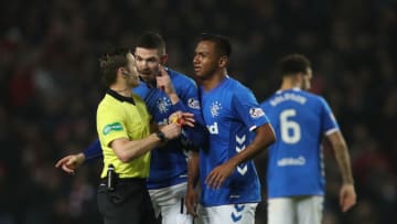 GLASGOW, SCOTLAND - DECEMBER 05: Kyle Lafferty of Rangers remonstrates with referee Steven McLean after Alfredo Morelos of Rangers lis given a second yellow card during the Scottish Ladbrokes Premiership match between Rangers and Aberdeen at Ibrox Stadium on December 5, 2018 in Glasgow, Scotland. (Photo by Ian MacNicol/Getty Images)