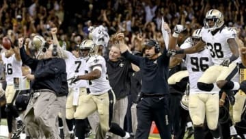 Sep 8, 2013; New Orleans, LA, USA; The New Orleans Saints players celebrate with defensive coordinator Rob Ryan and head coach Sean Payton following a fourth down interception against the Atlanta Falcons during a game at the Mercedes-Benz Superdome. The Saints defeated the Falcons 23-17. Mandatory Credit: Derick E. Hingle-USA TODAY Sports