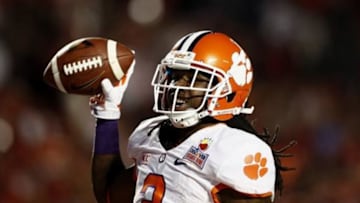 Jan 3, 2014; Miami Gardens, FL, USA; Clemson Tigers wide receiver Sammy Watkins (2) reacts after scoring a touchdown against the Ohio State Buckeyes in the first half of the 2014 Orange Bowl college football game at Sun Life Stadium. Mandatory Credit: Robert Mayer-USA TODAY Sports