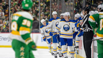 Jan 28, 2023; Saint Paul, Minnesota, USA; Buffalo Sabres defenseman Rasmus Dahlin (26) celebrates scoring on the Minnesota Wild late in the second period at Xcel Energy Center. Mandatory Credit: Matt Blewett-USA TODAY Sports