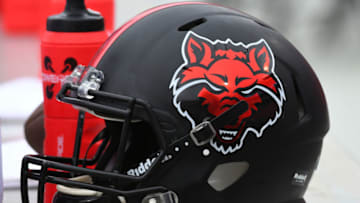 ATHENS, GA - SEPTEMBER 14: An Arkansas State Red Wolves football helmet during the game between the Arkansas State Red Wolves and the Georgia Bulldogs on September 14, 2019, at Sanford Stadium in Athens, GA.(Photo by Jeffrey Vest/Icon Sportswire via Getty Images)