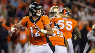 Aug 20, 2016; Denver, CO, USA; Denver Broncos quarterback Paxton Lynch (12) throws against the San Francisco 49ers during the fourth quarter at Sports Authority Field at Mile High. The 49ers beat the Broncos 31-24. Mandatory Credit: Troy Babbitt-USA TODAY Sports