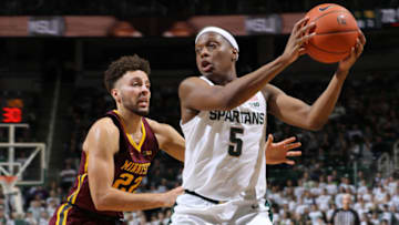 EAST LANSING, MI - JANUARY 09: Cassius Winston #5 of the Michigan State Spartans handles the ball during the second half of the game against Gabe Kalscheur #22 of the Minnesota Golden Gophers at the Breslin Center on January 9, 2020 in East Lansing, Michigan. (Photo by Rey Del Rio/Getty Images)