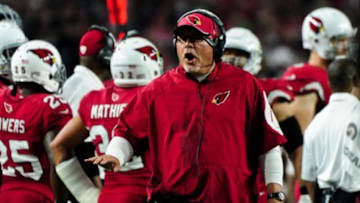 Dec 21, 2014; Glendale, AZ, USA; Arizona Cardinals head coach Bruce Arians reacts during the first half against the Seattle Seahawks at University of Phoenix Stadium. Mandatory Credit: Matt Kartozian-USA TODAY Sports