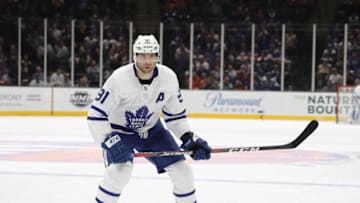 UNIONDALE, NEW YORK - FEBRUARY 28: John Tavares #91 of the Toronto Maple Leafs skates against the New York Islanders at NYCB Live's Nassau Coliseum on February 28, 2019 in Uniondale City. The Islanders defeated the Maple Leafs 6-1. (Photo by Bruce Bennett/Getty Images)