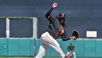Mar 9, 2016; Scottsdale, AZ, USA; San Francisco Giants starting pitcher Johnny Cueto (47) throws during the second inning against the Colorado Rockies at Scottsdale Stadium. Mandatory Credit: Matt Kartozian-USA TODAY Sports
