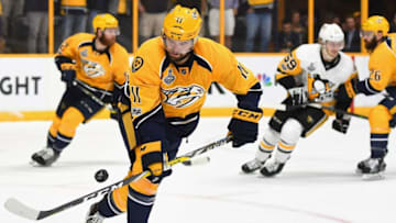 NASHVILLE, TN - JUNE 03: P.A. Parenteau #11 of the Nashville Predators takes possession of the puck during the third period of Game Three of the 2017 NHL Stanley Cup Final against the Pittsburgh Penguins at Bridgestone Arena on June 3, 2017 in Nashville, Tennessee. (Photo by Joe Sargent/NHLI via Getty Images)