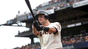 Jul 8, 2015; San Francisco, CA, USA; San Francisco Giants catcher Andrew Susac (34) warms up on deck during the second inning of their MLB baseball game with the New York Mets at AT&T Park. Mandatory Credit: Lance Iversen-USA TODAY Sports