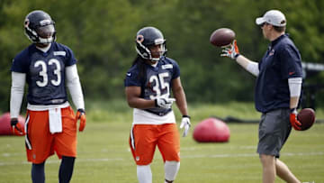 May 25, 2016; Lake Forest, IL, USA; Chicago Bears wide receivers Jeremy Langford (33) and Jacquizz Rodgers (35) during the OTA practice at Halas Hall. Mandatory Credit: Kamil Krzaczynski-USA TODAY Sports