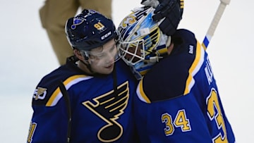 Oct 29, 2016; St. Louis, MO, USA; St. Louis Blues goalie Jake Allen (34) is congratulated by right wing Vladimir Tarasenko (91) after shutting out the Los Angeles Kings at Scottrade Center. The Blues won 1-0. Mandatory Credit: Jeff Curry-USA TODAY Sports