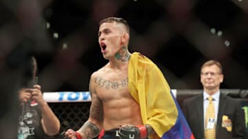 LOS ANGELES, CA - AUGUST 04: Marlon Vera celebrates his win in the second round against Wuliji Buren in the bantamweight bout during UFC 227 at Staples Center on August 4, 2018 in Los Angeles, United States. (Photo by Joe Scarnici/Getty Images)