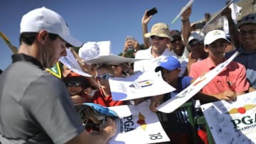 Jul 27, 2016; Springfield, NJ, USA; Rory McIlroy signs autographs during a practice round for the 2016 PGA Championship golf tournament at Baltusrol GC - Lower Course. Mandatory Credit: Eric Sucar-USA TODAY Sports