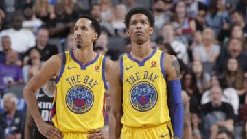 SACRAMENTO, CA - MARCH 31: Shaun Livingston #34 and Patrick McCaw #0 of the Golden State Warriors look on during the game against the Sacramento Kings on March 31, 2018 at Golden 1 Center in Sacramento, California. NOTE TO USER: User expressly acknowledges and agrees that, by downloading and or using this photograph, User is consenting to the terms and conditions of the Getty Images Agreement. Mandatory Copyright Notice: Copyright 2018 NBAE (Photo by Rocky Widner/NBAE via Getty Images)