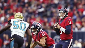 Dec 18, 2016; Houston, TX, USA; Houston Texans quarterback Tom Savage (3) throws during the first half against the Jacksonville Jaguars at NRG Stadium. Mandatory Credit: Kevin Jairaj-USA TODAY Sports