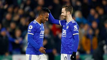Ricardo Pereira (L) of Leicester City is congratulated by James Maddison (Photo by Malcolm Couzens/Getty Images)