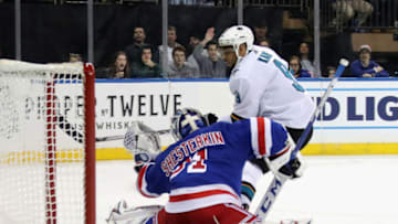 NEW YORK, NEW YORK - FEBRUARY 22: Igor Shesterkin #31 of the New York Rangers makes the first period save on Evander Kane #9 of the San Jose Sharks at Madison Square Garden on February 22, 2020 in New York City. (Photo by Bruce Bennett/Getty Images)