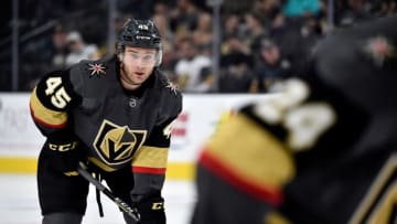 LAS VEGAS, NV - SEPTEMBER 24: Jake Bischoff #45 of the Vegas Golden Knights waits to skate against the Colorado Avalanche during a preseason game at T-Mobile Arena on September 24, 2018 in Las Vegas, Nevada. (Photo by Jeff Bottari/NHLI via Getty Images)